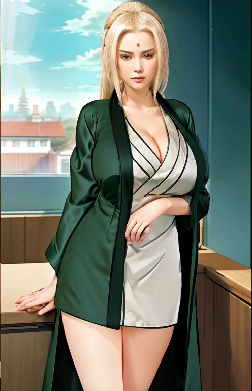 Цунаде в зеленом пальто и белом платье стоит перед окном., ((в аристократическом одеянии)), носить простой халат, одетый в зеленый халат, одетый в халат, в кимоно, в мантиях, огромная грудь, реалистичный, очень красиво подробно,
