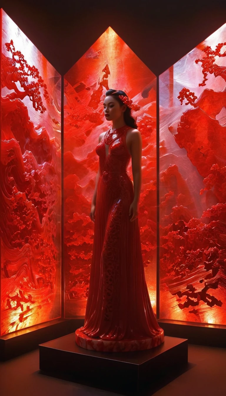 red jade ruby carved, modern style fashionable girl, exhibit, sculpture, detailed features, vibrant colors, studio lighting, artistry, dynamic blur, triangular light and shadow, light panel, glare