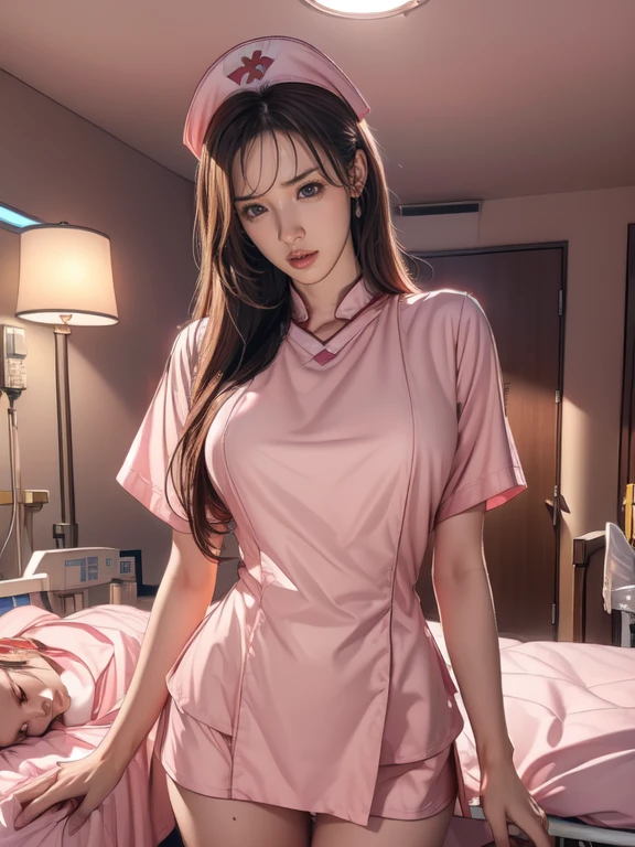 Pornographic Images,Cinematic scene,Fantasy Art,Highest image quality,hyperrealistic portrait,(8K),Ultra-realistic,Best Quality,High quality,High Definition,high quality texture,high detailing,Beautiful detailed,fine detailed,extremely details CG,Detailed texture,realistic representation of face,masutepiece,presence,Dynamic,Bold,1gir,(ideal ratio body proportions:1.5),Ultra detailed skin,Curve,,Beautiful breasts,Large breasts,pale skin,(Thin hair),(Soft hair),(ultra straight hair),Swept long bangs,very light coppery amber hair,Hair over one eye,(pink nurse uniform:1.3),(gravure pose:1.5),(hospitals、Hospital Room、Patient bed:1.5)