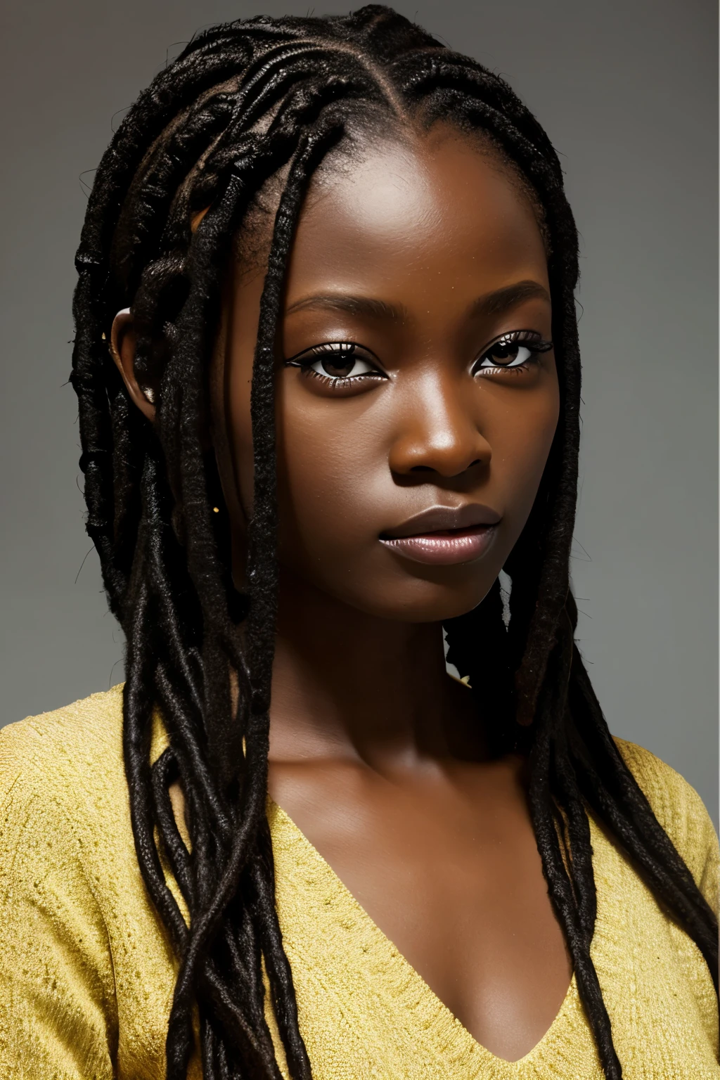 an african model ,unique hair details, Y2K Virtual Fashion, Near future, Curve details , double eyelid, simple background，Short dreadlocks，