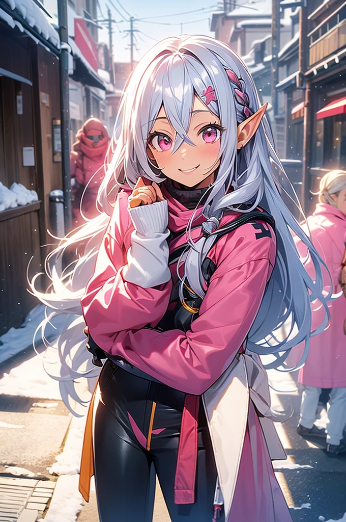 An elf woman, very dark tanned skin, beautiful silver hair, snowy mountains in winter, skiing, ski slope, clear blue sky, winter clothes, pink ski wear, ski pants, gloves, ski goggles, Pointed ears, beautiful red eyes, pink lips, a shy face staring at the viewer, a cheerful smile, a masterpiece,