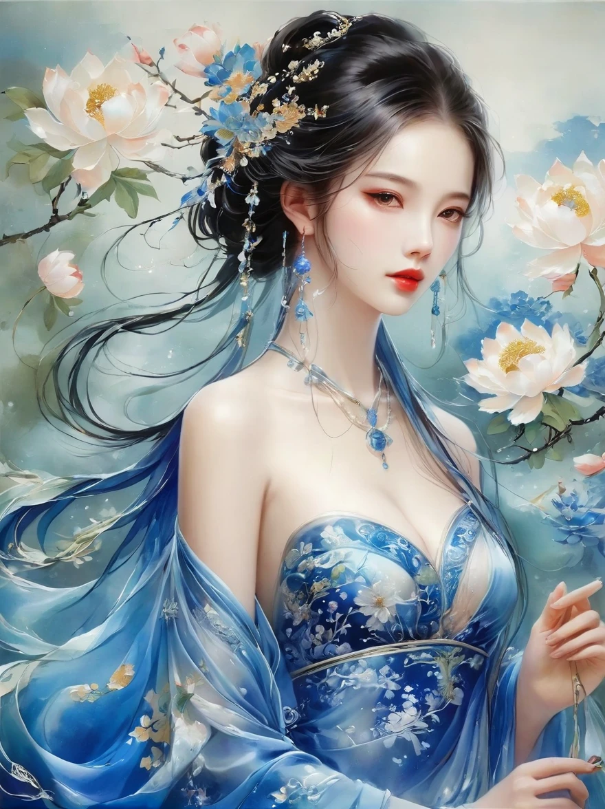 embroidery，立体embroidery，(A gorgeous blue Suzhou embroidery pattern hangs on the wall)，Blue and white petals，丝绸材质embroidery，The inspiration of Yao Jianping&#39;s Suzhou embroidery dream，translucent，Rich cleavage，On silk，Alcohol ink art