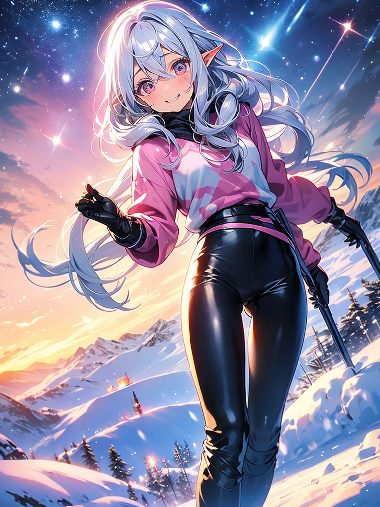 An elf woman, very dark tanned skin, beautiful silver hair, snowy mountains in winter, skiing, ski slope, clear blue sky, winter clothes, pink ski wear, ski pants, gloves, ski goggles, Pointed ears, beautiful red eyes, pink lips, a shy face staring at the viewer, a cheerful smile, a masterpiece,