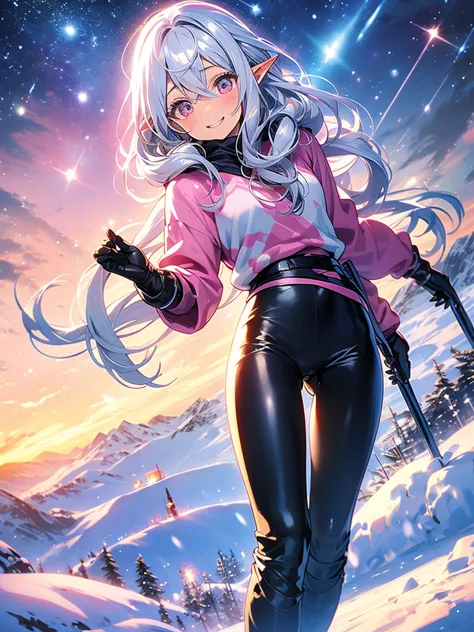 An elf woman, very dark tanned skin, beautiful silver hair, snowy mountains in winter, skiing, ski slope, clear blue sky, winter...
