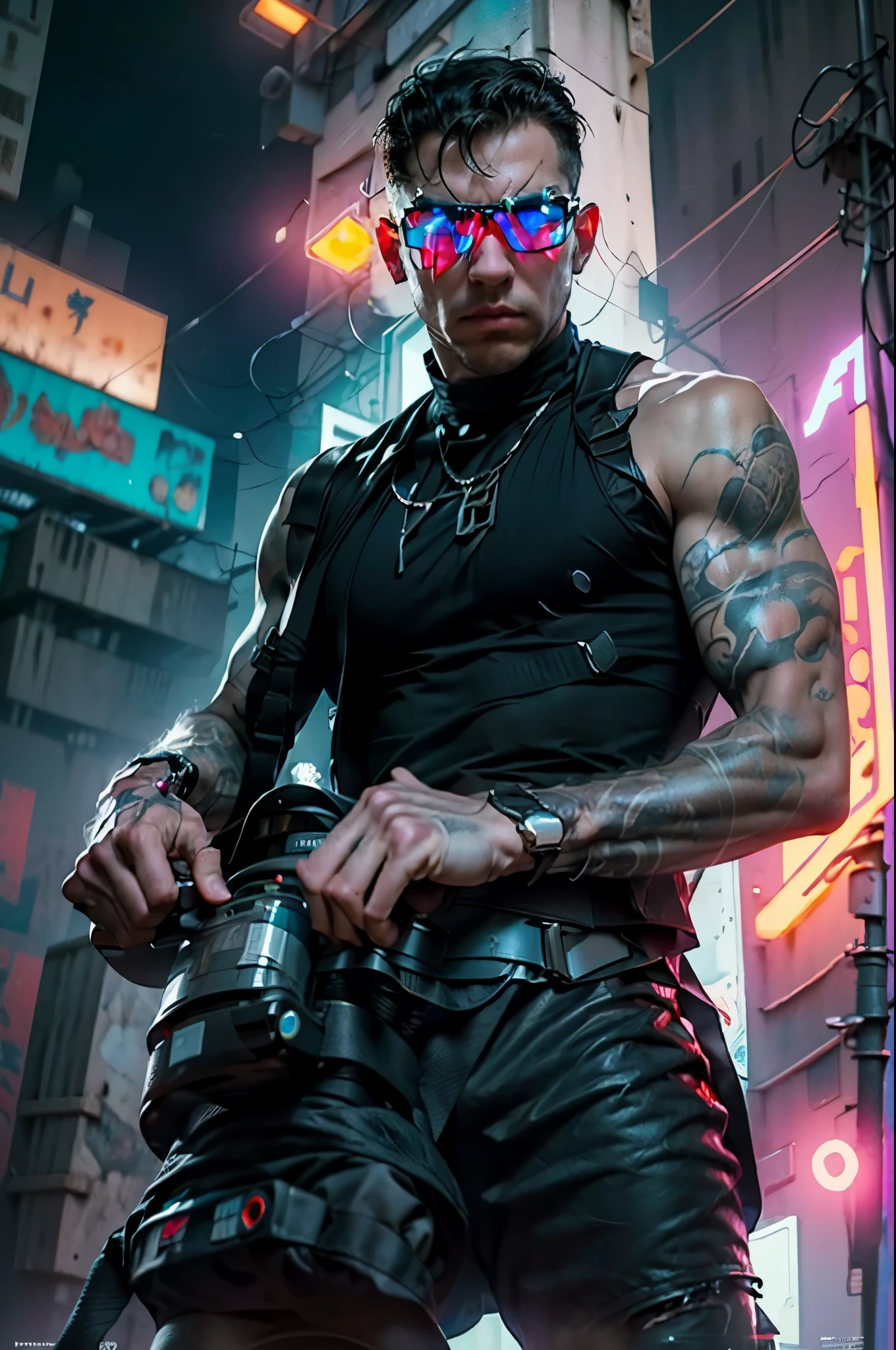 ((best quality)), ((masterpiece)), (very detailed body and face:1.3), 3D, Beautiful (cyberpunk:1.3) Beautiful young man with hair shaved on the sides and a petrol blue mohawk, VERY DETAILED AND BRIGHT, ((with weapons in his hands) ), (((futuristic Mad Max movie style background))), (((pink and cyan neon lights at night))), night image, at night, 32k