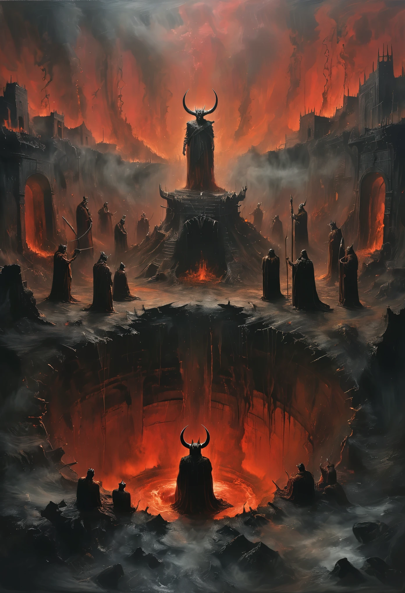 写实8K油画，描绘地狱之井中受苦受难的人们, 在图片中间，伊隆·马斯克的头上有角, 受到但丁的启发&#39;地狱