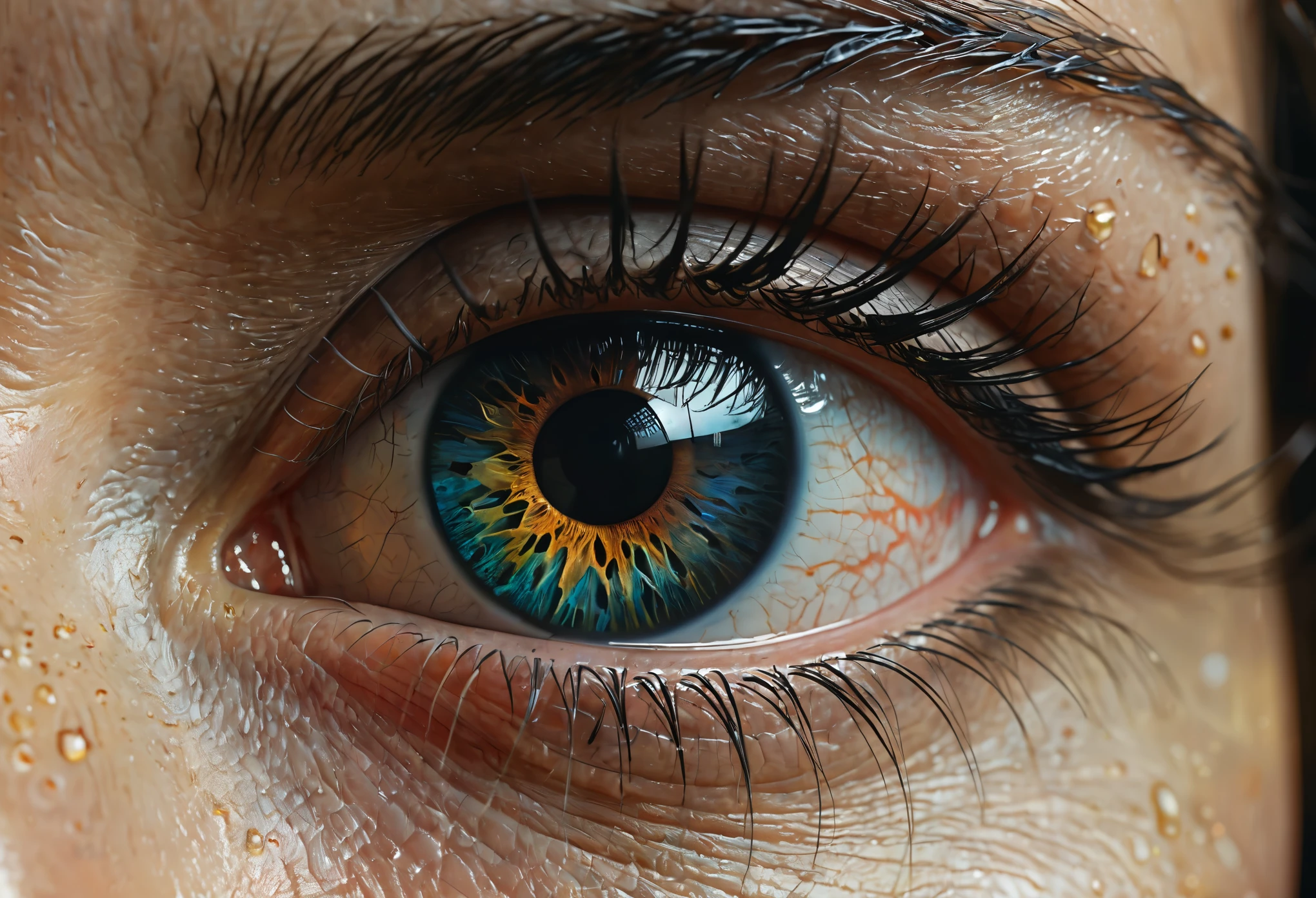 A close up photograph of an eye, highly detailed oil painting in a style of Beksinski. 4k HD image is Trending on Artstation and Octane render with dramatic color lighting. By Greg Rutkowski, Sung Choi. Extremely detailed, 8K resolution. Award winning photography. Cinematic lighting. Beautiful. Unreal engine 5. IMAX quality. Hyper realism