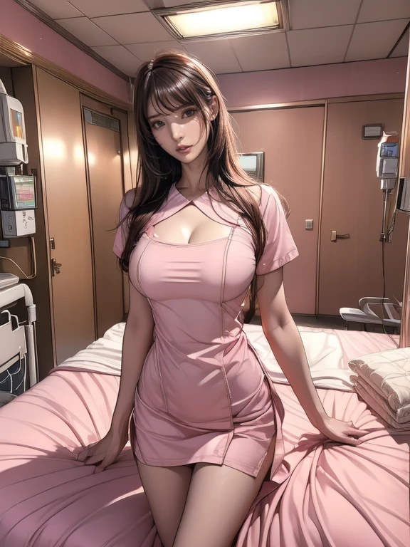 Pornographic Images,Cinematic scene,Fantasy Art,Highest image quality,hyperrealistic portrait,(8K),Ultra-realistic,Best Quality,High quality,High Definition,high quality texture,high detailing,Beautiful detailed,fine detailed,extremely details CG,Detailed texture,realistic representation of face,masutepiece,presence,Dynamic,Bold,1gir,(ideal ratio body proportions:1.5),Ultra detailed skin,Curve,,Beautiful breasts,Large breasts,pale skin,(Thin hair),(Soft hair),(ultra straight hair),Swept long bangs,very light coppery amber hair,Hair over one eye,(pink nurse uniform:1.3),(gravure pose:1.5),(hospitals、Hospital Room、Patient bed:1.5)