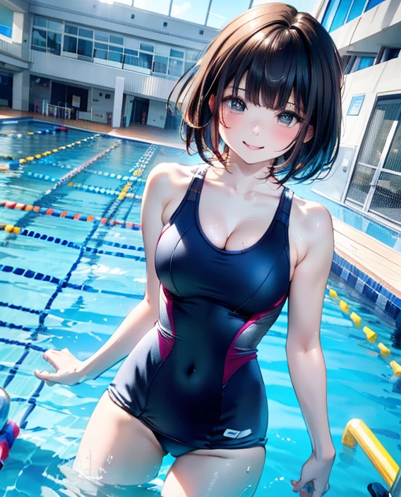 (8k、best image quality、highest quality、masterpiece)、detailed face、1 girl、black hair、bob cut、dull bangs、gray eyes、evil smile、small breasts、one piece swimsuit、cowboy shot、blue sky、pool background