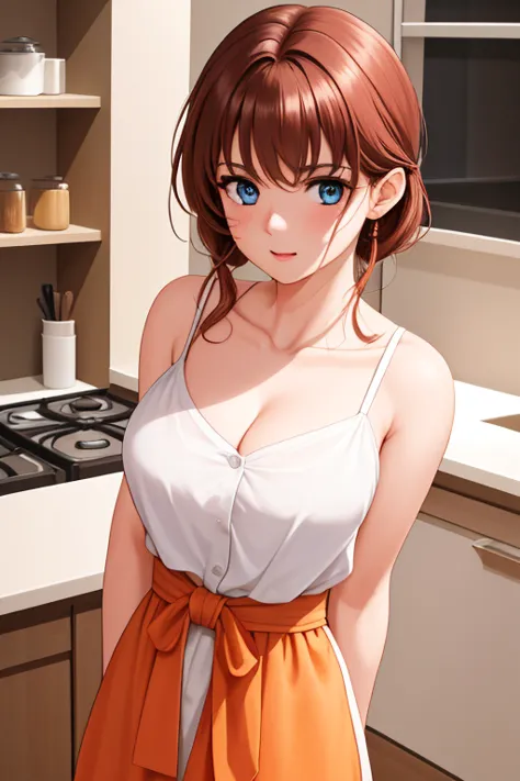 indoor, In the kitchen,
Standing on the floor,
apron, clavicle, (黄color_shirt),
bangs, Brown Hair, blue eyes,Single Blade, Orang...