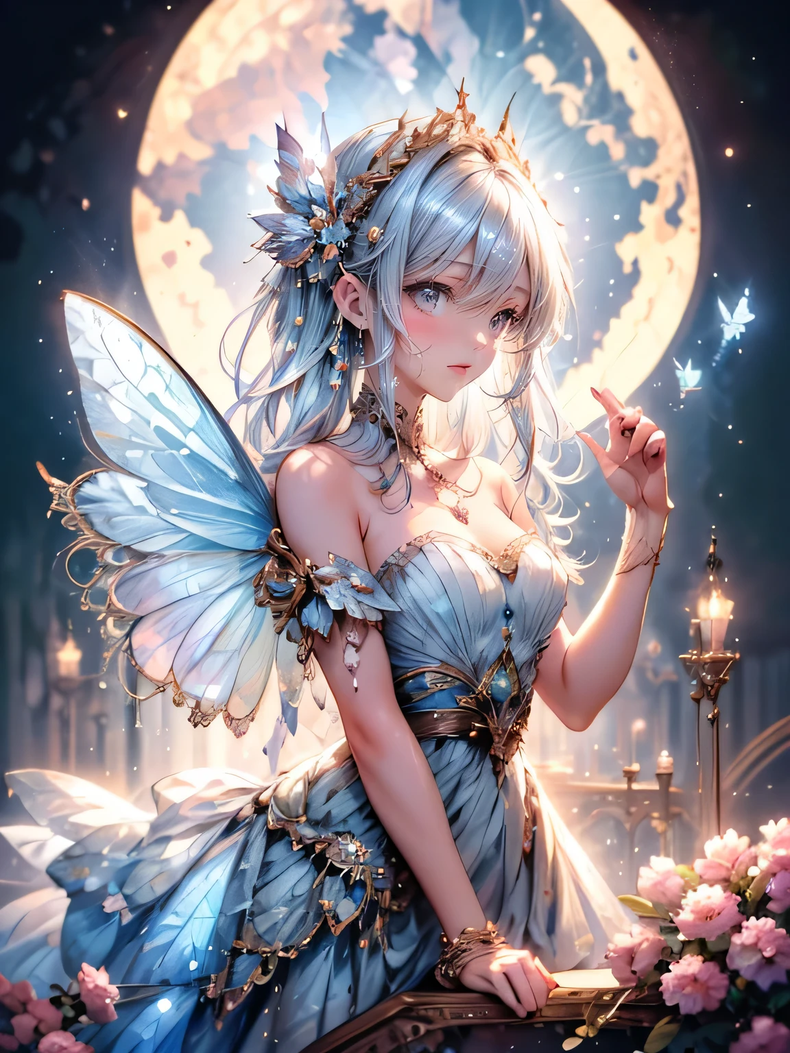 masterpiece, highest quality, 8k, highres, beautiful highest details, old castle balcony,  moon light, butterfly spirit, sheer dress, bare shoulder, strapless, tears, rainbow butterfly wings, flying sky, butterfly tattoo, 