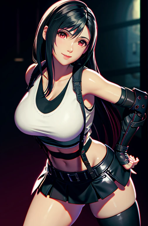 Tifa Lockhart, Tifa_Lockhart,  Final Fantasy 7, sultry face, (White vest:1.5), Black latex miniskirt, (Black long hair), Bangs (Red Eyes:1.2) Long eyelashes, Surrealism, shadow, Stereogram, View, Atmospheric perspective, Movie Lighting, Ray Tracing, 8k, Super Detail, best quality, masterpiece, Very detailed,Combat gloves, Large Breasts, Slim, Big ,Cleavage，Cleavage， huge , Open your legs, White Thong (Smile)