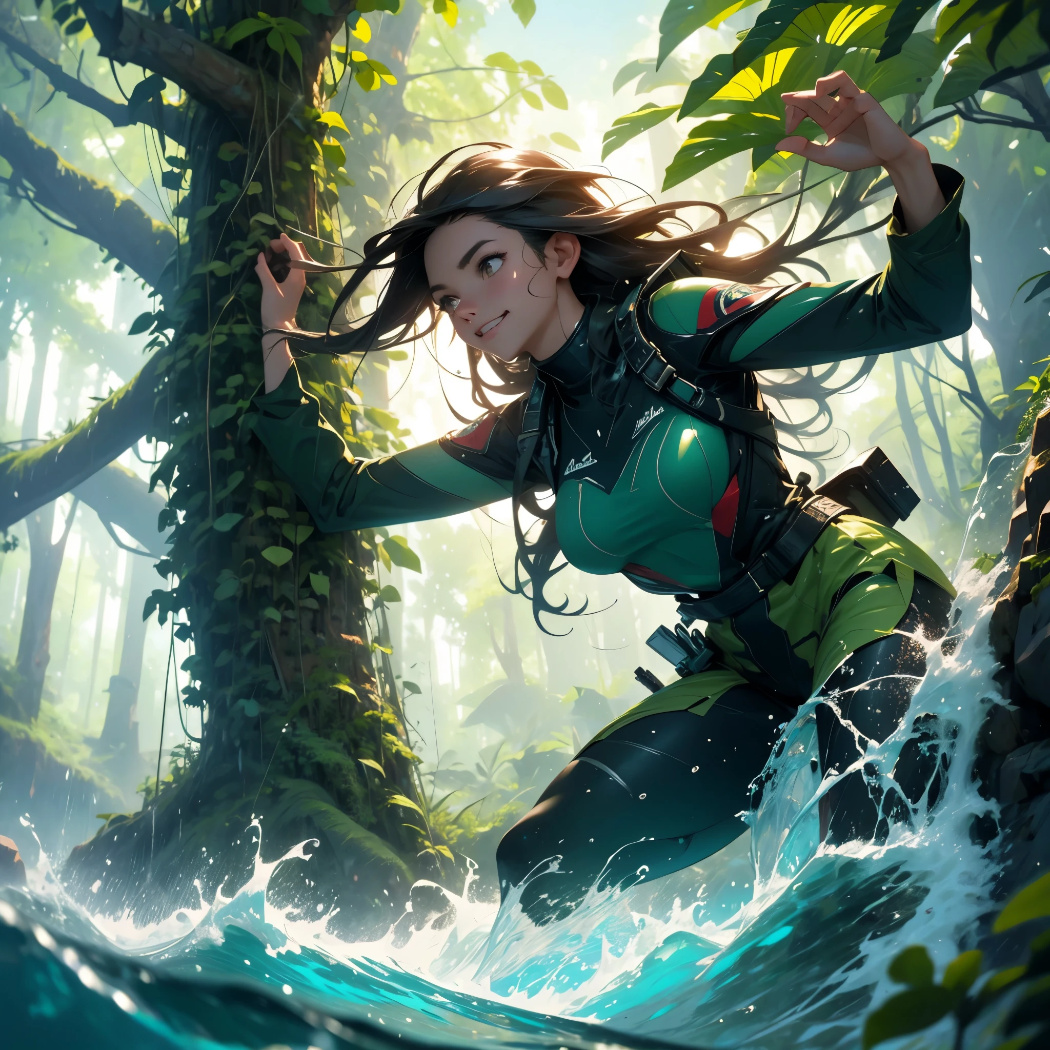 A brave Australian adventurer woman,diving,high waterfall,deep lake,[escaping],cannibals,pursuing [her],adrenaline rush [in the air],splashing water,fearless smile,breathtaking dive,and [surface] re-emerges,strong,[confident],and [determined]. Material: [Photorealistic,ultra-detailed],fine art,oil painting. Scene details: Lush green rainforest surrounding the waterfall,mist rising from the crashing water,thick vines hanging from the trees,exotic birds chirping loudly. Image quality: (Best quality,4k,8k,highres,masterpiece:1.2),ultra-detailed,realistic,HDR,sharp focus,physically-based rendering,vivid colors. Art style: Adventure,action,landscape. Color tone: Vibrant and rich with contrasts.