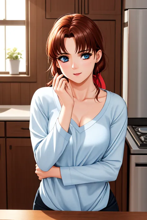 indoor, in the kitchen,
standing on the floor,
apron, clavicle, (黄color_shirt),
bangs, brown hair, blue eyes,single blade, orang...