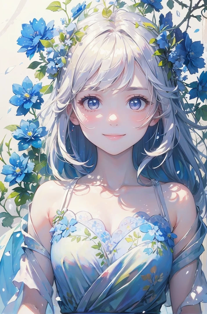 (masterpiece、highest quality、highest quality、Beautiful and beautiful:1.2)、(Good anatomy:1.5)、Painting of a girl with milky white straight hair、Adorable smile、Sparkling Eyes、looking at the camera、Emerging from among the flowers and leaves、Nemophila