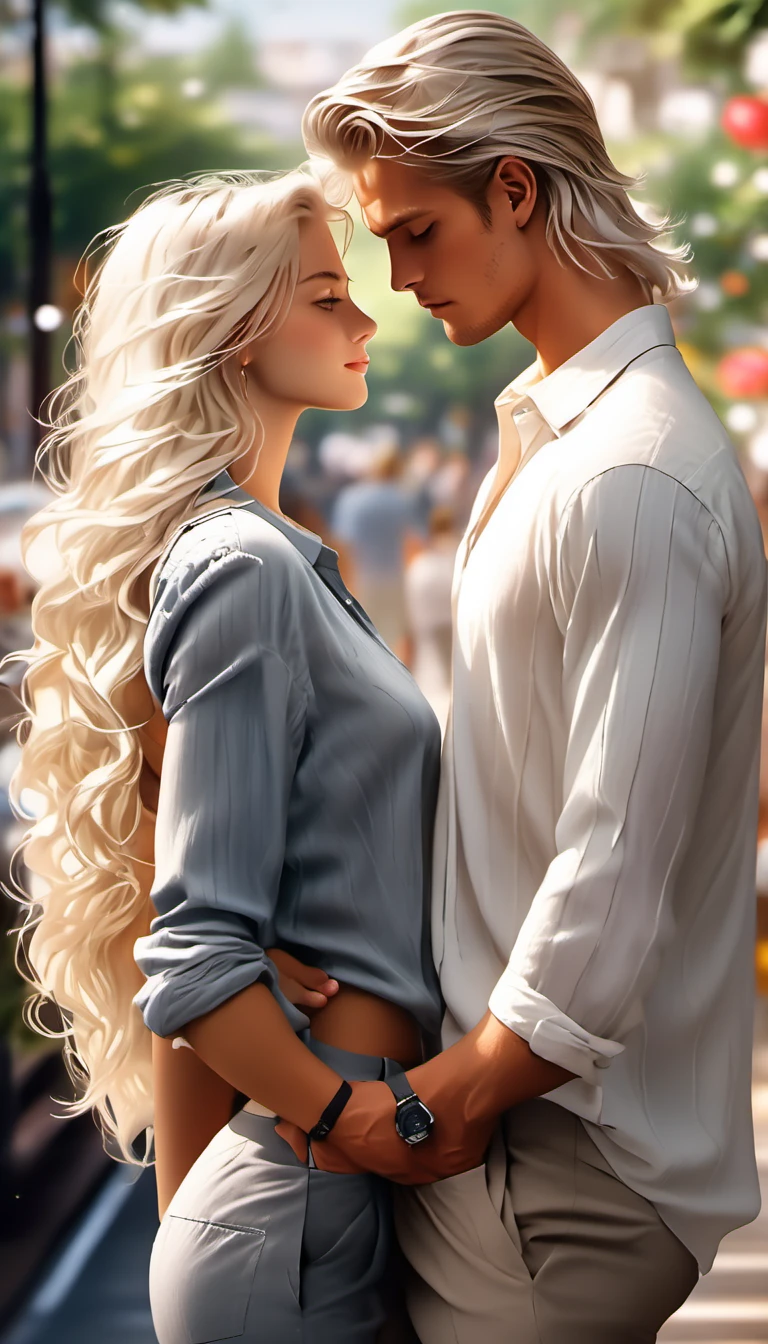 tall, handsome, statuesque, masculine, athletic young man is platinum blonde, he has tanned skin, blue eyes, long straight white hair, long bangs, he is dressed in light linen trousers and a linen shirt kissing an incredibly beautiful young woman with long golden hair, long bangs, blue eyes, dressed in a light summer dress. They're in love. Romance. A masterpiece. Full-length image. Detailed drawing of the face. Masterpiece, perfect drawing, realistic drawing, full-length drawing, detailed study, 8k. full-length image, realistic image, dynamic image, detailed image. an extremely detailed illustration, a real masterpiece of the highest quality, with careful drawing. anime style.