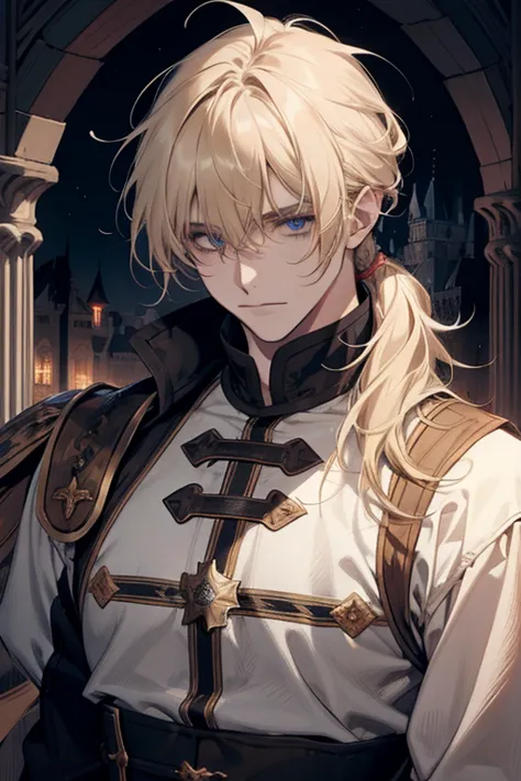 1 male, relaxed, messy blond hair with bangs in a low ponytail, white knight, beautiful, in a castle, medieval fantasy