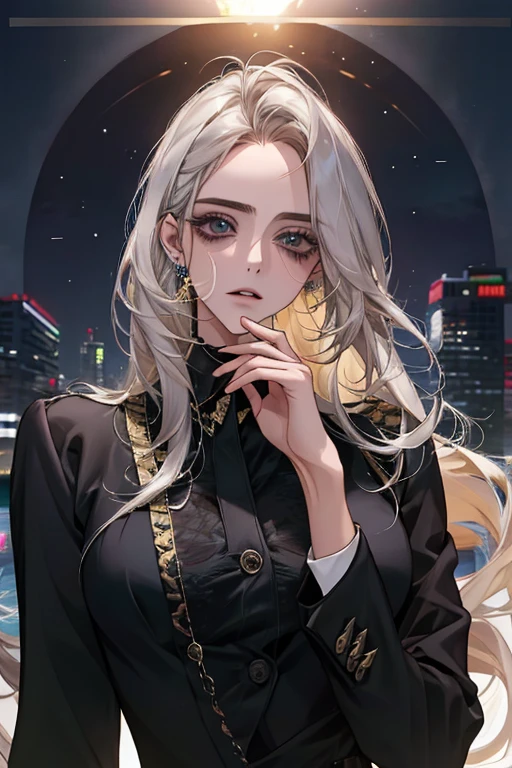 work of art, best qualityer, natta, fullmoon, 1 girl, mature woman, (hair blonde), Long, wavy hair, tranquility, intellectual, medium hair, Blue pupils, clip, beautiful  face, face up close, Hand close-up, Business suit, white  shirt, black dress pants, serious face, cloused mouth 