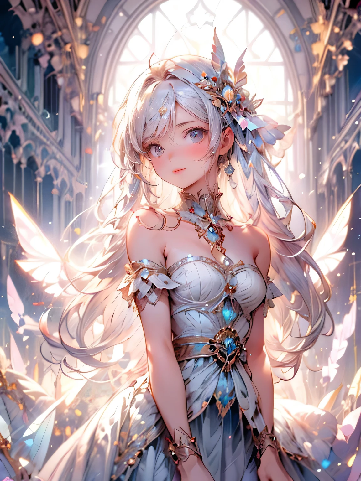 masterpiece, highest quality, 8k, highres, beautiful highest details, old castle roof floor,  moon light, bride butterfly spirit, light pink dress, bare shoulder, strapless, tears, rainbow butterfly wings:1.2, flying sky:1.2, view from below, sparkling eyes, bright rosy lips, gentle smile, 