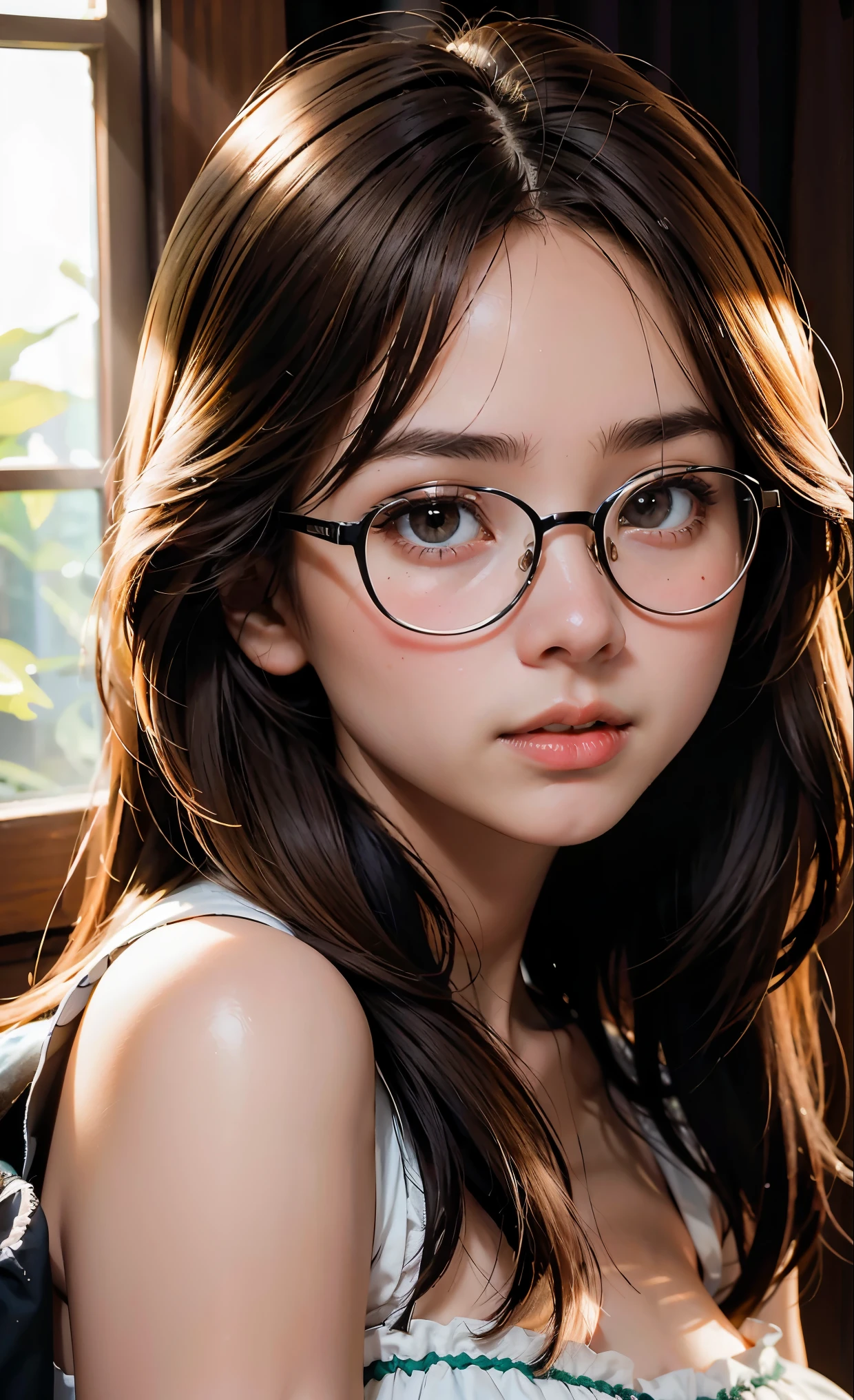 (best quality, masterpiece), 1girl, dappled sunlight, indoors, glasses, shy, 1 girl, young girl, (goosebumps:0.7), beautiful face, (eyeliner, lipstick:0.9), 4k, 8k, uhd, hdr, detailed background, background