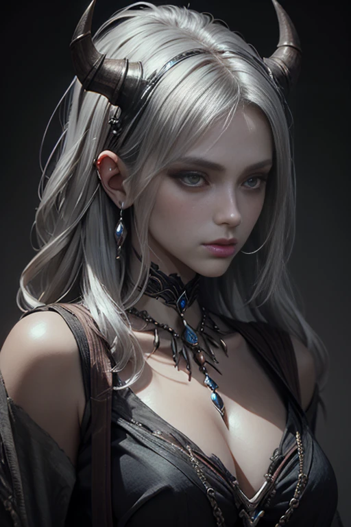 Ancient, noble demon, Vivian, silver hair, rings, female creature, prehistoric era, heiress, Extremely realistic shading, masterpiece, extremely detailed, photorealistic, perfect lighting,