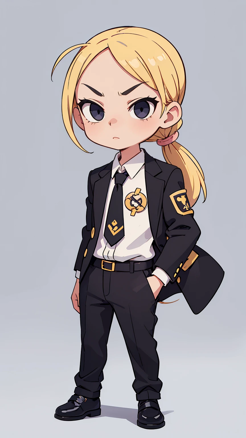  (beautiful and aesthetic: 1.2), (1 little boy), ((blonde long ponytail hair)) ((dark black eyes)), chibi, 1 boy, kindergarten, children's furniture, children's toys, full body, luxury jacket, trousers, blouse with luxury print, shoes, arrogant and daring look, daring pose, arrogant look