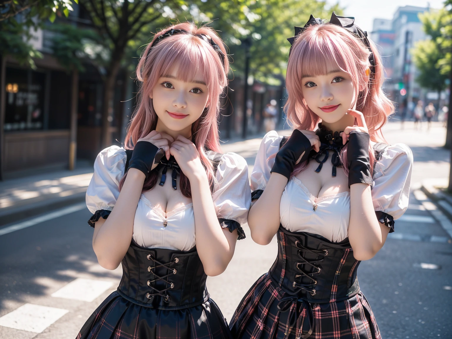 (masterpiece, realistic, photo-realistic:1.2), finely detail, ultra high res, perfect anatomy, best quality, 8K, soft focus, upper body shot, (happy smile:1.3), (2girls, 15yo Japanese girls, height 1.5meters:1.2), (gothic lolita, puffy short sleeves, corset vest, mini-skirt, frills, gothic maid with tartan checked patterns, elaborated costume:1.2), (sexy pose emphasized breasts, standing on road, cleavage, focus on breasts:1.2), (light pink hair, blunt bangs:1.2), beautiful detailed face and big eyes, (white and smooth skin, glowing fair skin:1.3), (pointed huge breasts, gigantic breasts:1.3), (bloom, detailed background, beautiful downtown, superb view in Harajuku:1.2),