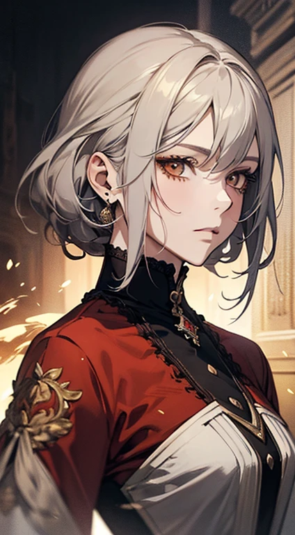 A painting of a woman with gray hair and an orange top, stunning anime face portrait, beautiful character painting, beautiful anime portrait, her image is rendered by red paint, presenting a stunning effect. The painting is very detailed, depicting women's faces and clothing. Her face has a creamy dripping effect, which makes the whole face more vivid. She wears a beautiful detailed outfit with pale gray hair. The proportions are accurate, and the costumes of the female characters are traditionally dressed, showing a classical charm.