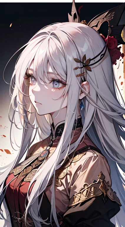 A painting of a woman with gray hair and an orange top, stunning anime face portrait, beautiful character painting, beautiful anime portrait, her image is rendered by red paint, presenting a stunning effect. The painting is very detailed, depicting women's faces and clothing. Her face has a creamy dripping effect, which makes the whole face more vivid. She wears a beautiful detailed outfit with pale gray hair. The proportions are accurate, and the costumes of the female characters are traditionally dressed, showing a classical charm.