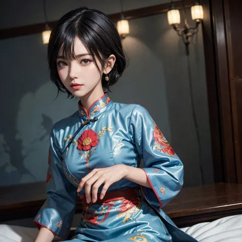 (1 girl solo, 1 sexy woman, black hair, short hair, bub cut, colorful patterns, red and blue embroidery, cheongsam for girls, co...