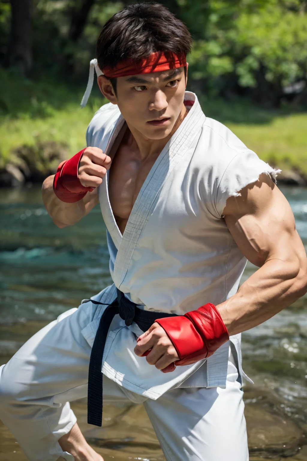 Ryu, 1 person, White karate uniform,White pants, Red headband, Fighting Gloves, barefoot, Black belt, kimono, White pants, detailed eyes, detailed face, masterpiece, High resolution, Perfect photo, At the River, Combat Stance, (detailed:1.2), atmosphere, 