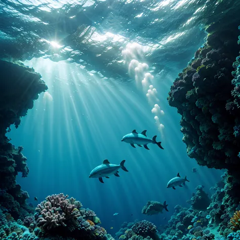 Diving, underwater, vibrant coral reef, crystal clear water, colorful fish, graceful dolphins, tropical paradise, breathtaking u...