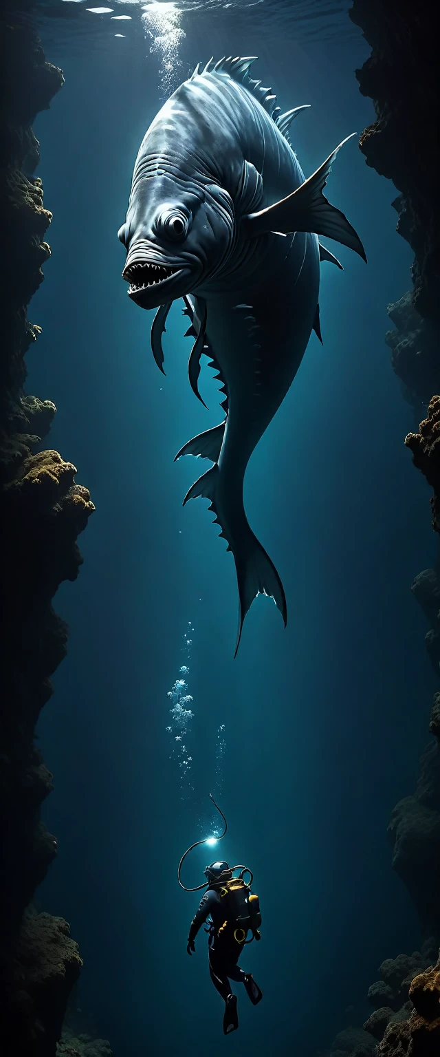 #quality(8k,wallpaper of extremely detailed CG unit, ​masterpiece,hight resolution,top-quality,top-quality real texture skin,hyper realisitic,increase the resolution,RAW photos,best qualtiy,highly detailed,the wallpaper,cinematic lighting,ray trace,golden ratio,), BREAK ,(a diver found a monster fish at deep deep sea),#monster fish(super huge like dinosaur,grotesque but beautiful),#diver(human,diving suit,holding a flashlight),#background(very deep sea,slight light),landscape,(from above:1.2),generate human diver and monster fish