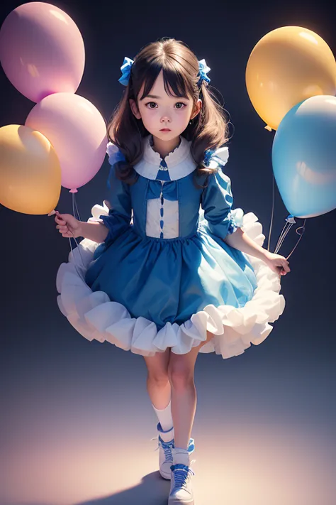 a 10 years old girl, holding balloons, (((full body))), real photo, looking above at me, Brat, blue