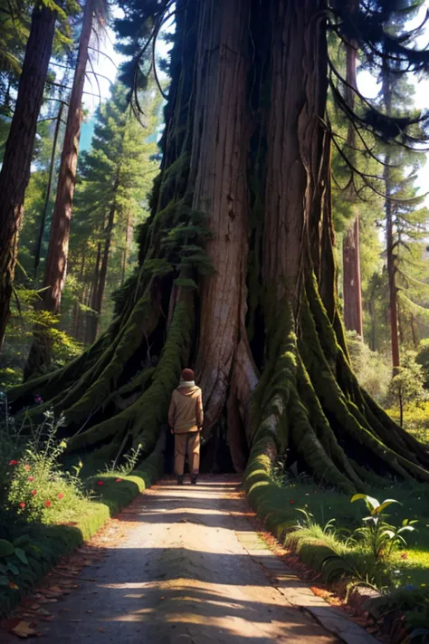 um reino elfo majestoso e imponente no centro de uma imensa floresta de sequoias,palacios