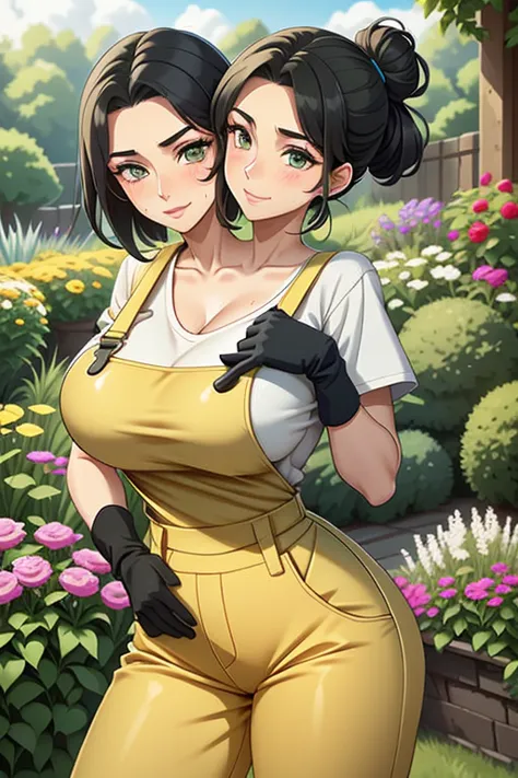 2heads, a tall thin woman with two heads. She is outside in a garden, she is gardening. She has big breasts. She is very tall. S...