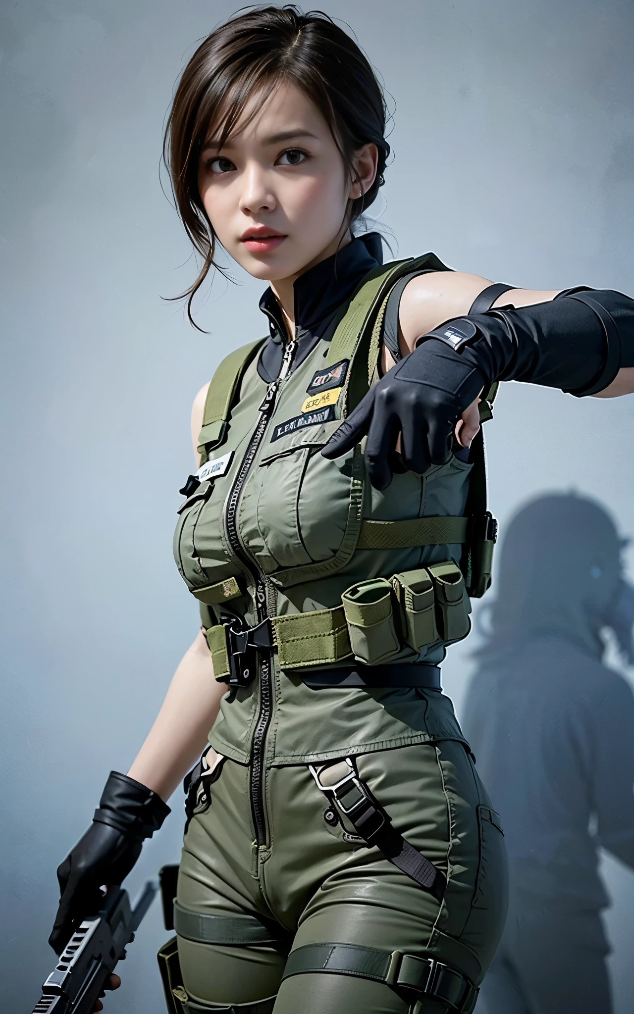 ((Best Quality, 8K, Masterpiece: 1.3)), ((best quality)), photorealistic, photorealism, 1girl aiming with an  assault rifle, Combat pose, Photorealistic, high resolution, looking to the camera, (Detailed face), short black hair, red rubber suit, tactical vests, military harness, revealed thigh, Gun,black gloves, high-tech headset, Fingers are occluded, concrete wall background,