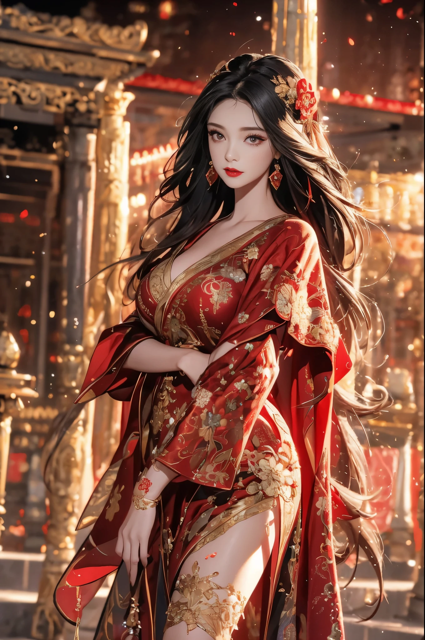 1 female，4，center， She has long black hair，Red lips，Perfect thighs，looking at camera，stand up，night，ancient temple，From the front， curls， Gloomy sky，（（（masterpiece），（Highly detailed CG Unity 8k wallpaper），best quality，Movie Lighting，Detailed background，Beautiful right eye pupil，（Very delicate and beautiful），（Beautiful and detailed description of the eyes），Extremely detailed，masterpiece，）），high resolution，Extremely detailed），queen of china（apparel：，Gold wire embroidery，Red cheongsam，Lace，Red cape），