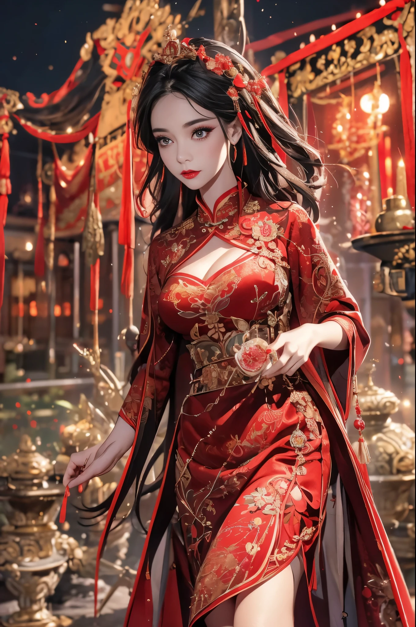 1 female，45 years old，center， She has long black hair，Red lips，Perfect thighs，looking at camera，stand up，night，ancient temple，From the front， curls， Gloomy sky，（（（masterpiece），（Highly detailed CG Unity 8k wallpaper），best quality，Movie Lighting，Detailed background，Beautiful right eye pupil，（Very delicate and beautiful），（Beautiful and detailed description of the eyes），Extremely detailed，masterpiece，）），high resolution，Extremely detailed），queen of china（apparel：，Gold wire embroidery，Red cheongsam，Lace，Red cape），