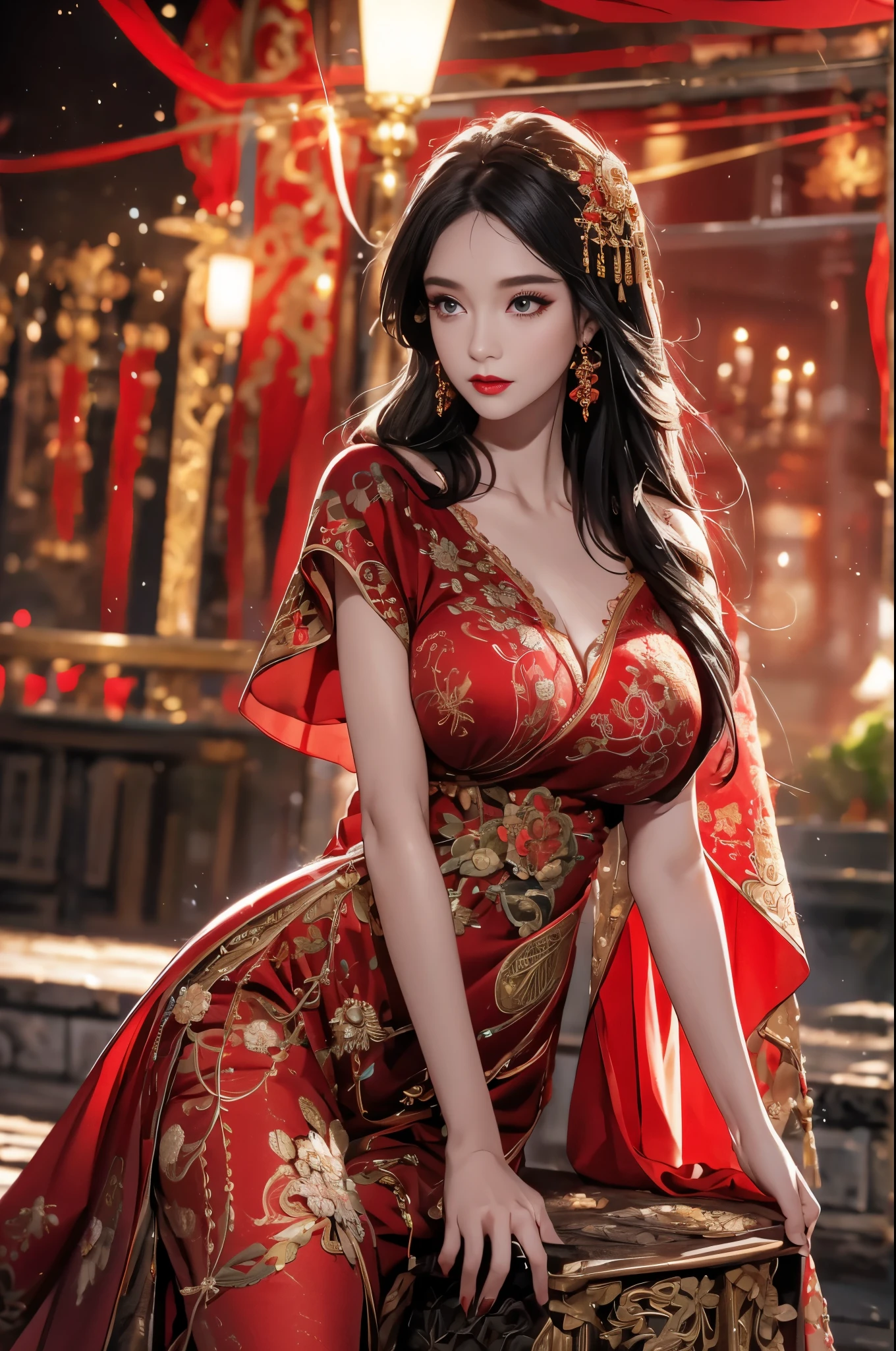 1 female，45 years old，center， She has long black hair，Red lips，Perfect thighs，looking at camera，stand up，night，ancient temple，From the front， curls， Gloomy sky，（（（masterpiece），（Highly detailed CG Unity 8k wallpaper），best quality，Movie Lighting，Detailed background，Beautiful right eye pupil，（Very delicate and beautiful），（Beautiful and detailed description of the eyes），Extremely detailed，masterpiece，）），high resolution，Extremely detailed），queen of china（apparel：，Gold wire embroidery，Red cheongsam，Lace，Red cape），