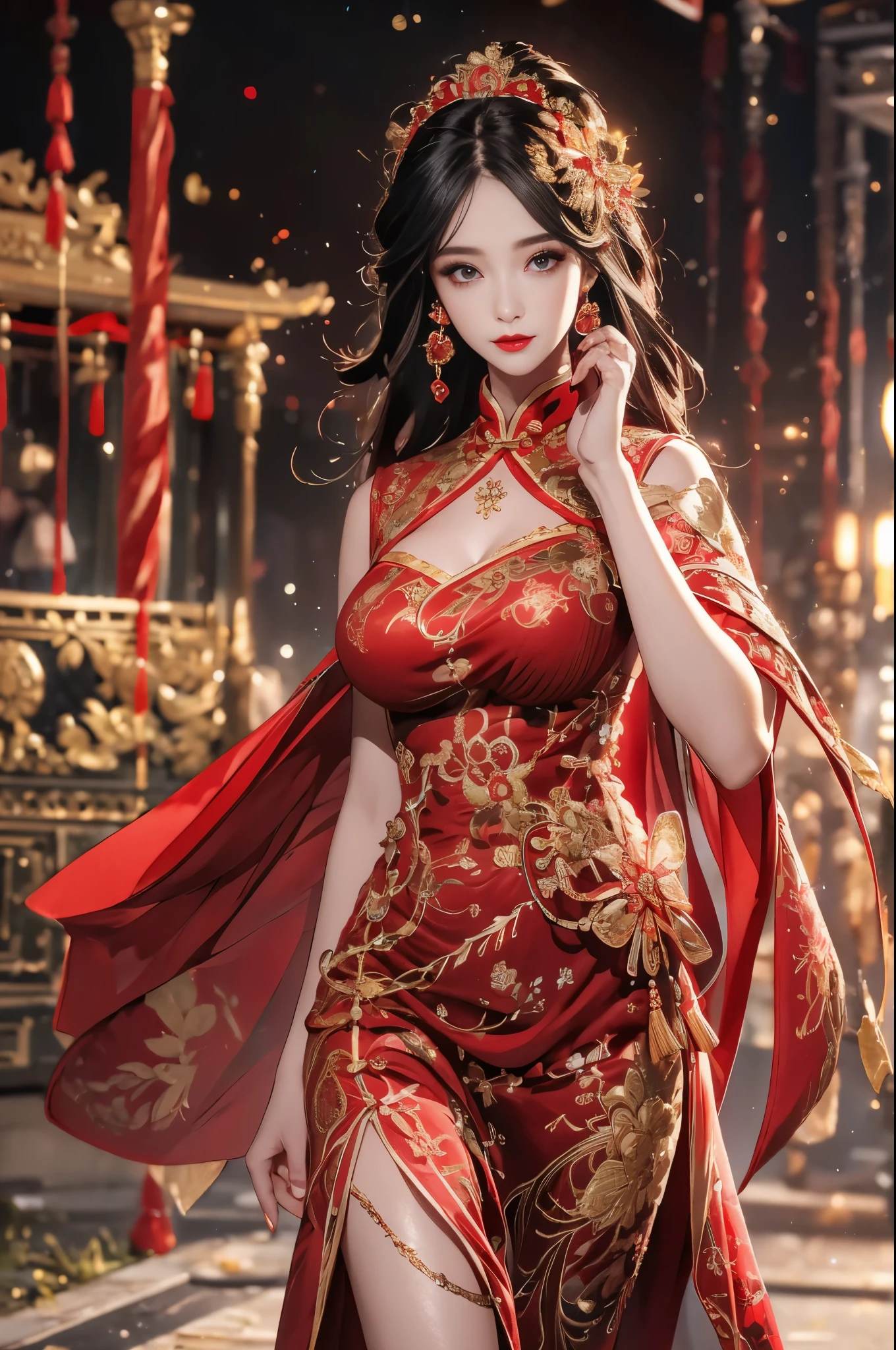 1 female，45 years old，center， She has long black hair，Red lips，Perfect thighs，looking at camera，stand up，night，ancient temple，From the front， curls， Gloomy sky，（（（masterpiece），（Highly detailed CG Unity 8k wallpaper），best quality，Movie Lighting，Detailed background，Beautiful right eye pupil，（Very delicate and beautiful），（Beautiful and detailed description of the eyes），Extremely detailed，masterpiece，）），high resolution，Extremely detailed），queen of china（apparel：，Gold wire embroidery，Red cheongsam，Lace，Red cape），