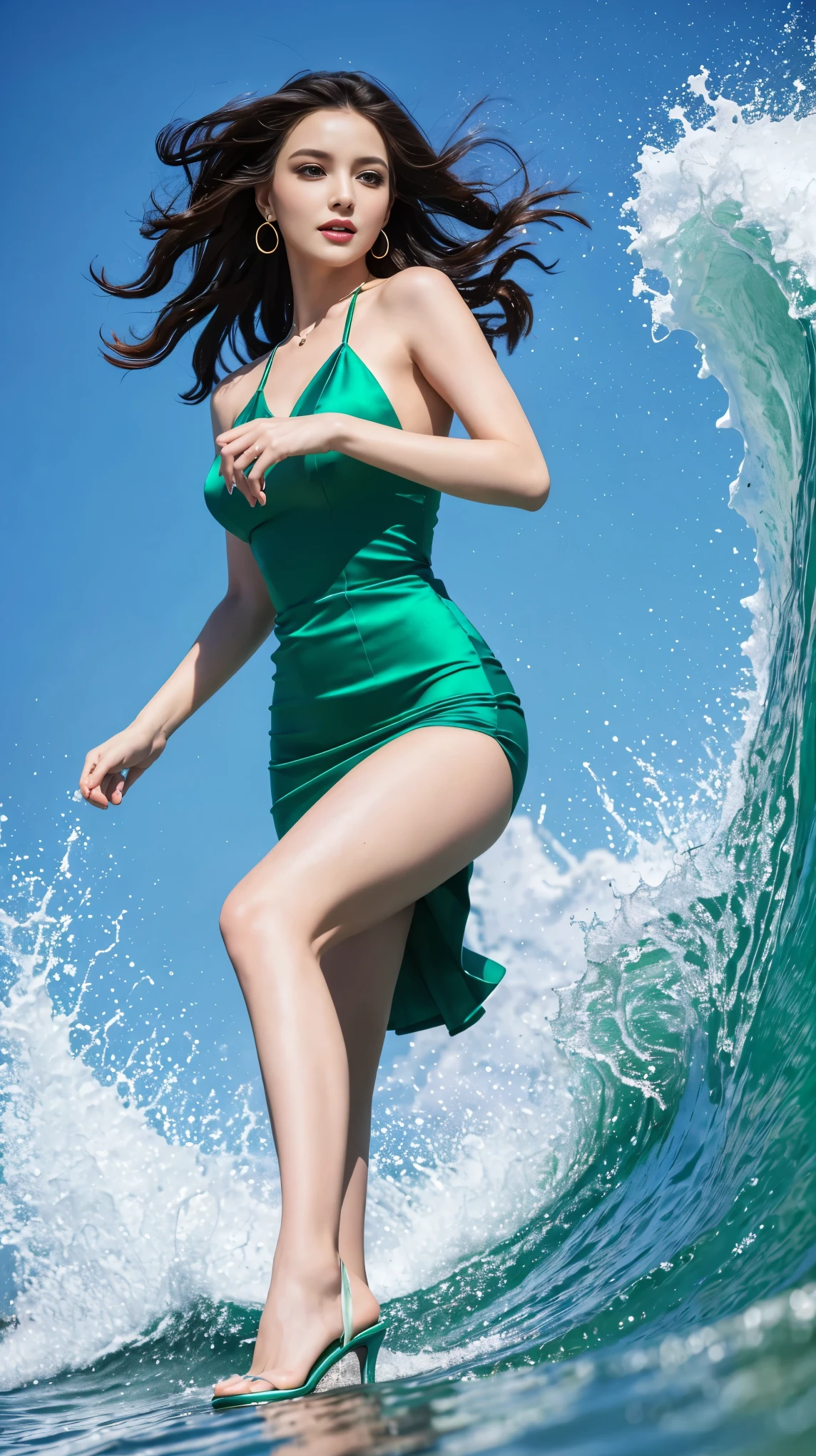 highest quality,masterpiece,Ultra-high resolution,(Actual:1.4),Original photo,Ultra-high resolution，8k，There are women，Fair skin，Exquisite makeup，Big waves，Blue-green dress with open neckline:1.2，High heels，Long legs，Bright and beautiful，Sexy Random Poses，Lively poses，Slender women:1.5，