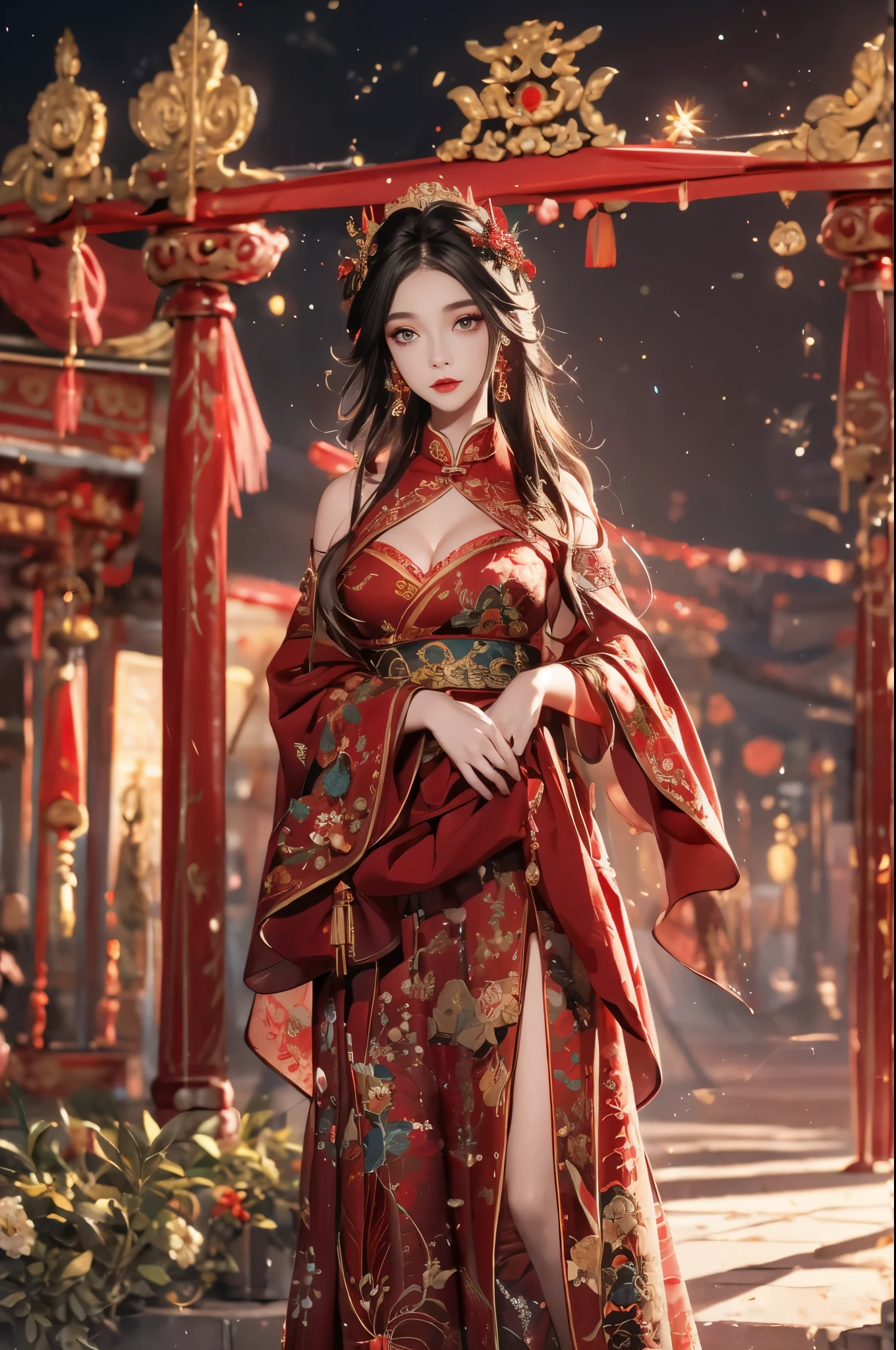 1 female，20 years old，center， She has long black hair，Red lips，Perfect thighs，looking at camera，stand up，night，ancient pavilion，Broken temple，From the front， curls， Gloomy sky，（（（masterpiece），（Highly detailed CG Unity 8k wallpaper），best quality，Movie Lighting，Detailed background，Beautiful right eye pupil，（Very delicate and beautiful），（Beautiful and detailed description of the eyes），Extremely detailed，masterpiece，）），high resolution，Extremely detailed），queen of china（apparel：，Gold wire embroidery，Red cheongsam，Lace，Red cape），
