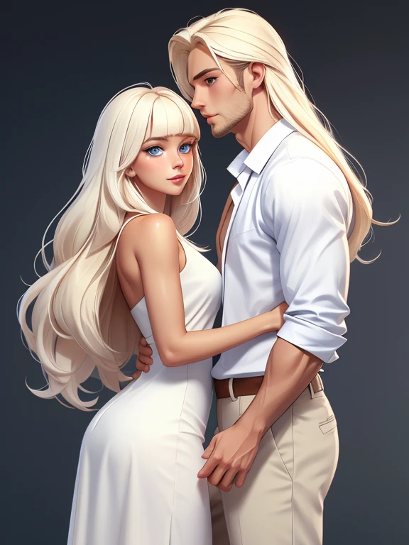 tall, handsome, statuesque, masculine, athletic young man is platinum blonde, he has tanned skin, blue eyes, long straight white hair, long bangs, he is dressed in light linen trousers and a linen shirt kissing an incredibly beautiful young woman with long golden hair, long bangs, blue eyes, dressed in a light summer dress. They're in love. Romance. A masterpiece. Full-length image. Detailed drawing of the face. Masterpiece, perfect drawing, realistic drawing, full-length drawing, detailed study, 8k. full-length image, realistic image, dynamic image, detailed image. an extremely detailed illustration, a real masterpiece of the highest quality, with careful drawing. anime style.