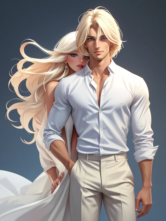 tall, handsome, statuesque, masculine, athletic young man is platinum blonde, he has tanned skin, blue eyes, long straight white hair, long bangs, he is dressed in light linen trousers and a linen shirt kissing an incredibly beautiful young woman with long golden hair, long bangs, blue eyes, dressed in a light summer dress. They're in love. Romance. A masterpiece. Full-length image. Detailed drawing of the face. Masterpiece, perfect drawing, realistic drawing, full-length drawing, detailed study, 8k. full-length image, realistic image, dynamic image, detailed image. an extremely detailed illustration, a real masterpiece of the highest quality, with careful drawing. anime style.