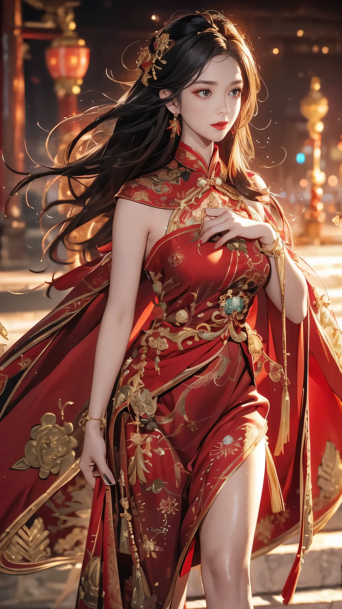 1 female，20 years old，center， She has long black hair，Red lips，Perfect thighs，(Keep your eyes on the camera:1.5)，stand up，night，ancient pavilion，imperial palace，From the front， curls， Gloomy sky，（（（masterpiece），（Highly detailed CG Unity 8k wallpaper），best quality，Movie Lighting，Detailed background，Beautiful right eye pupil，（Very delicate and beautiful），（Beautiful and detailed description of the eyes），Extremely detailed，masterpiece，）），high resolution，Extremely detailed），queen of china（apparel：，Gold wire embroidery，Red cheongsam，Lace，Red cape），
