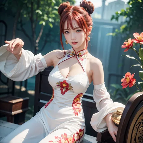 (1 girl solo, 1 sexy woman, red hair, bun, flower pattern cheongsam, cowboy shot:1.4), (garden:1.2), earrings, smile, ((cleavage...