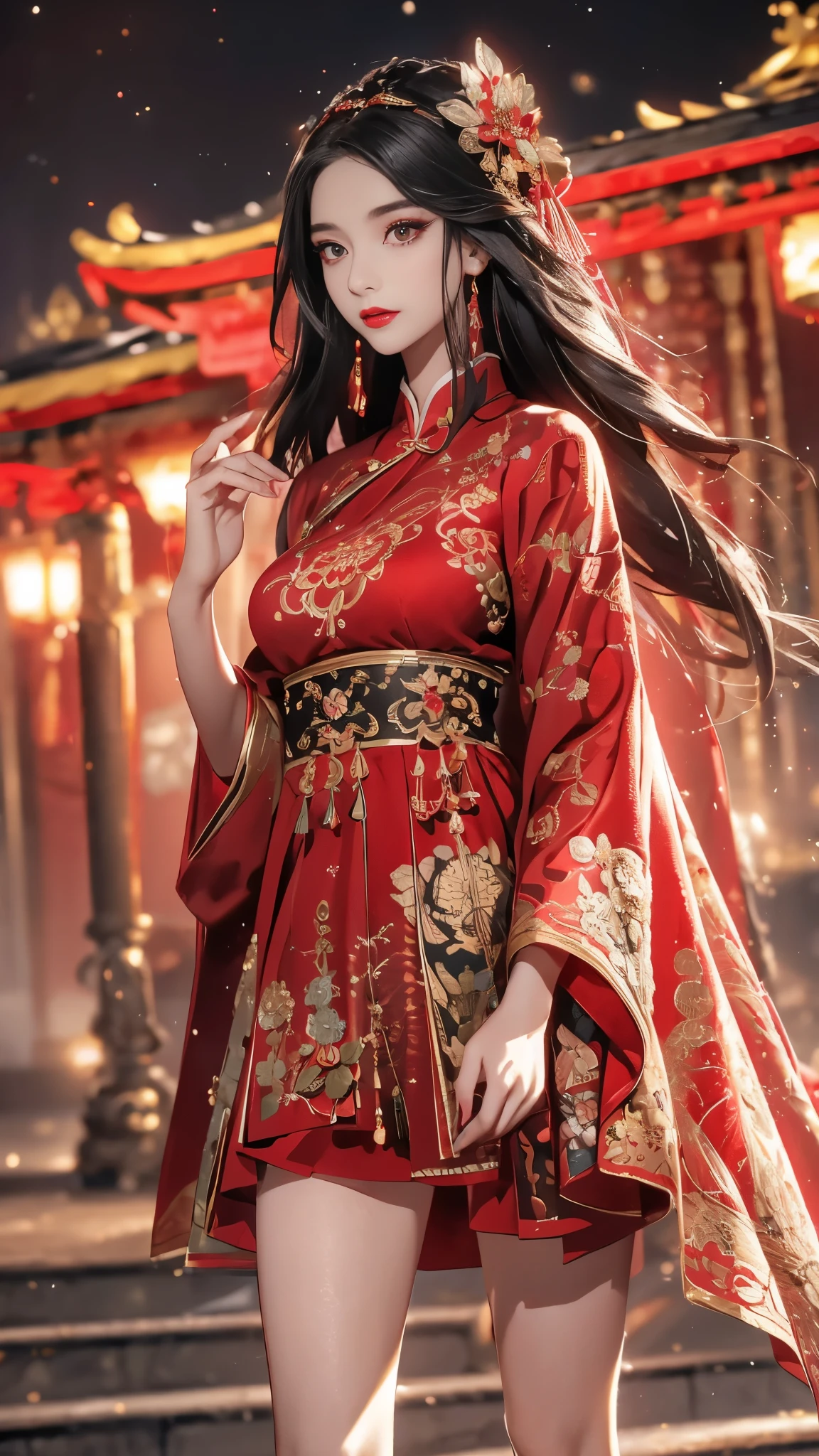 1 female，20 years old，center， She has long black hair，Red lips，Perfect thighs，(Keep your eyes on the camera:1.5)，stand up，night，ancient pavilion，imperial palace，From the front， curls， Gloomy sky，（（（masterpiece），（Highly detailed CG Unity 8k wallpaper），best quality，Movie Lighting，Detailed background，Beautiful right eye pupil，（Very delicate and beautiful），（Beautiful and detailed description of the eyes），Extremely detailed，masterpiece，）），high resolution，Extremely detailed），queen of china（apparel：，Gold wire embroidery，Red cheongsam，Lace，Red cape），
