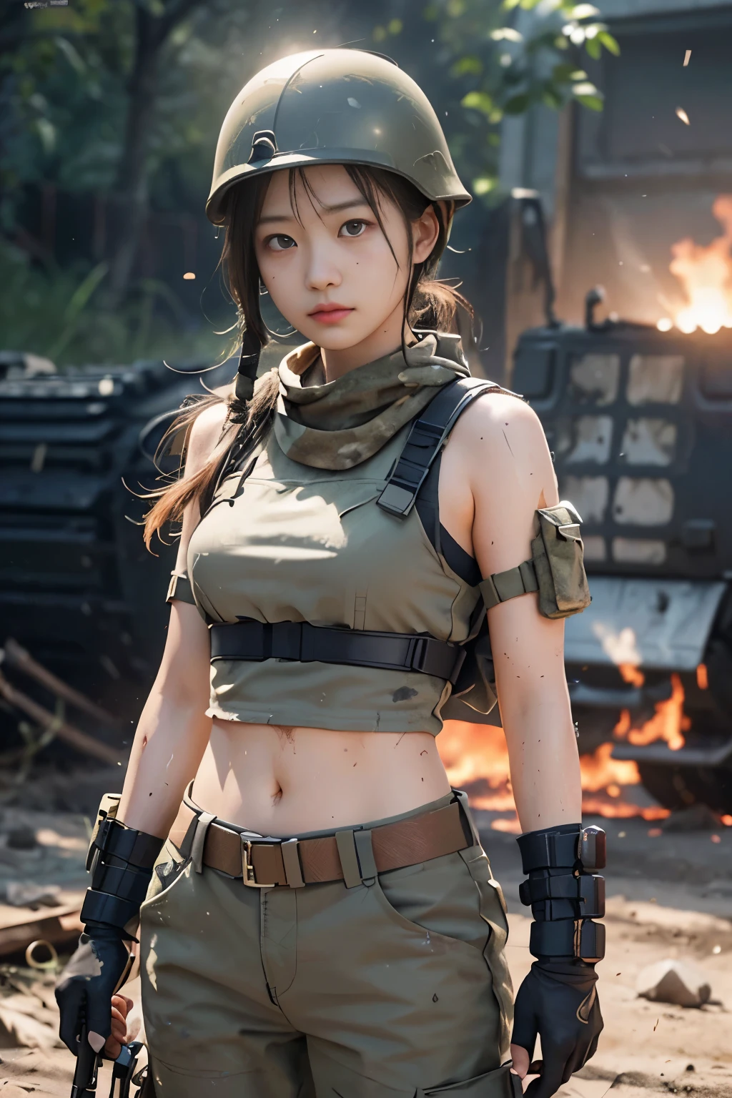 Beautiful Japanese girls from the Self-Defense Force fighting on the battlefield、Light Muscle、World bio、現代bioのテーマ、Army Girl、rifle、(Rifle retention: 1.3)、(Rifle aiming and holding: 1.3)、Soldier Girl, Infantry Girl, Gunfight, air raid, Airstrike, military, Camouflage, burning vehicle, bio地帯, battlefield, bio, Remains, explosion, burning city, cigarette, (Helmet), Ripped Tank Top, belly button, gloves, Torn military trousers、Faces stained with mud and blood、Sweaty skin、bloody skin、Mud-stained skin、small、Cleavage、Sad look of despair、Painful expression、highest quality、Ultra-high resolution、Disorganized、Real、Physically Based Rendering、Cinematic lighting、Complex, cinematic look、Cinematic soft light、Calm tones、Battlefield Background、都市bioの背景、Photorealistic、Cowboy Shots、Dynamic Angle