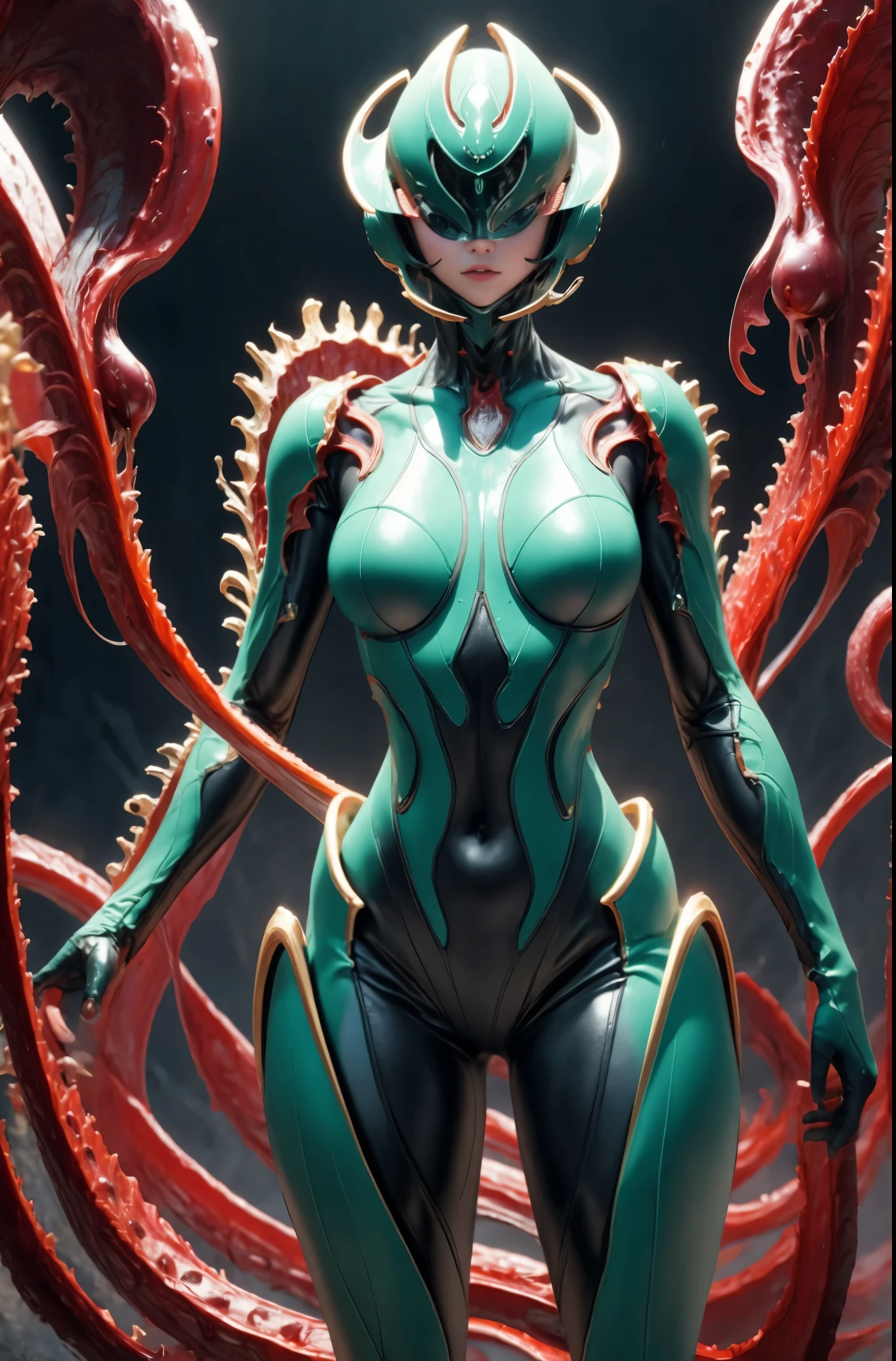 Beautiful girl fused with a Nepenthes. (High quality) （black and Green image color）. body suit. cyber style. Circuit pattern. Biological Armor. Biological helmet. eye mask.